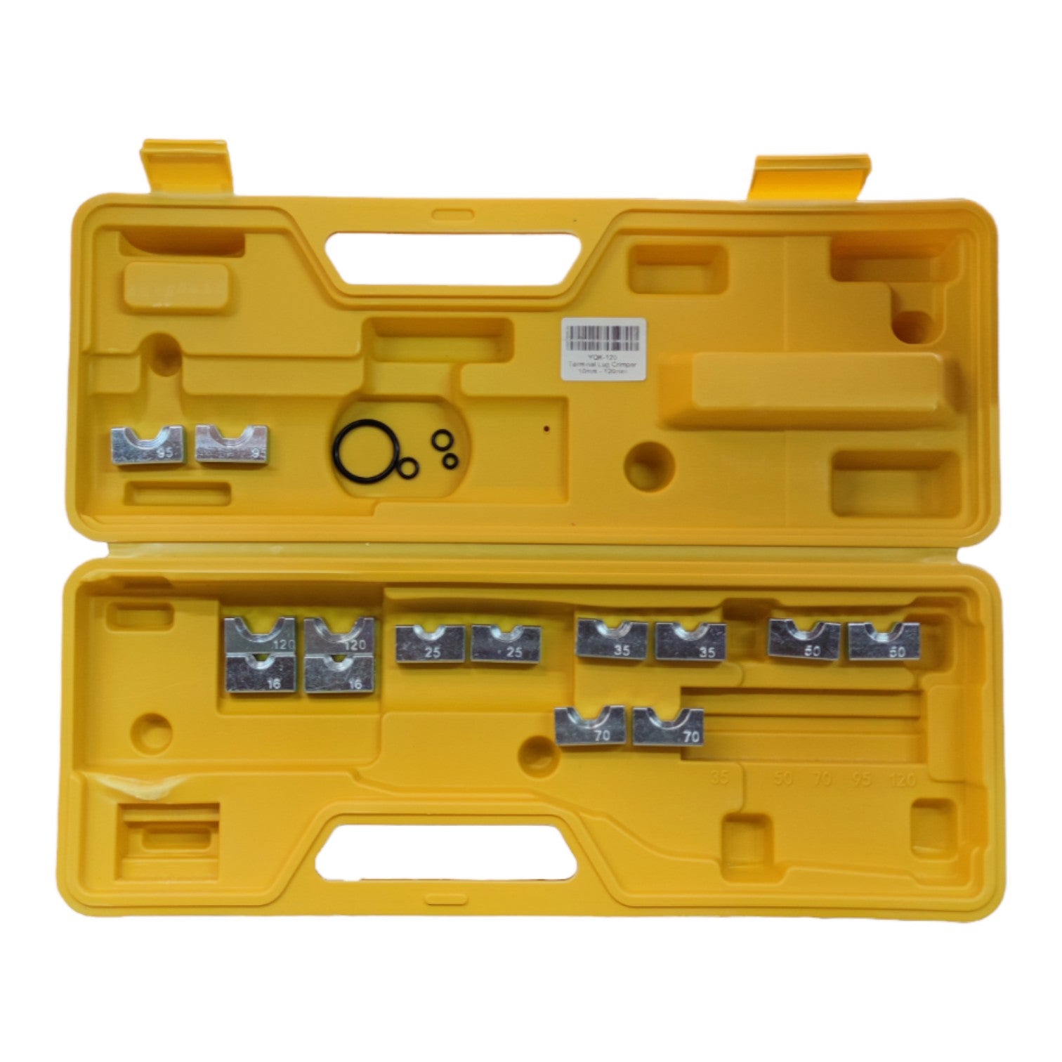Yellow tool case with metal components on a white background