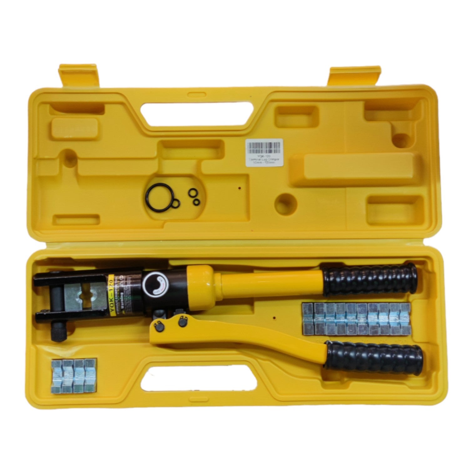 Yellow tool case with a hydraulic compression tool and accessories on a white background