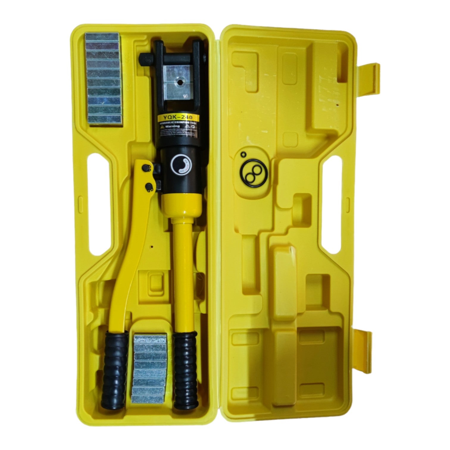 Yellow hydraulic crimping tool with black components inside a yellow case on a white background