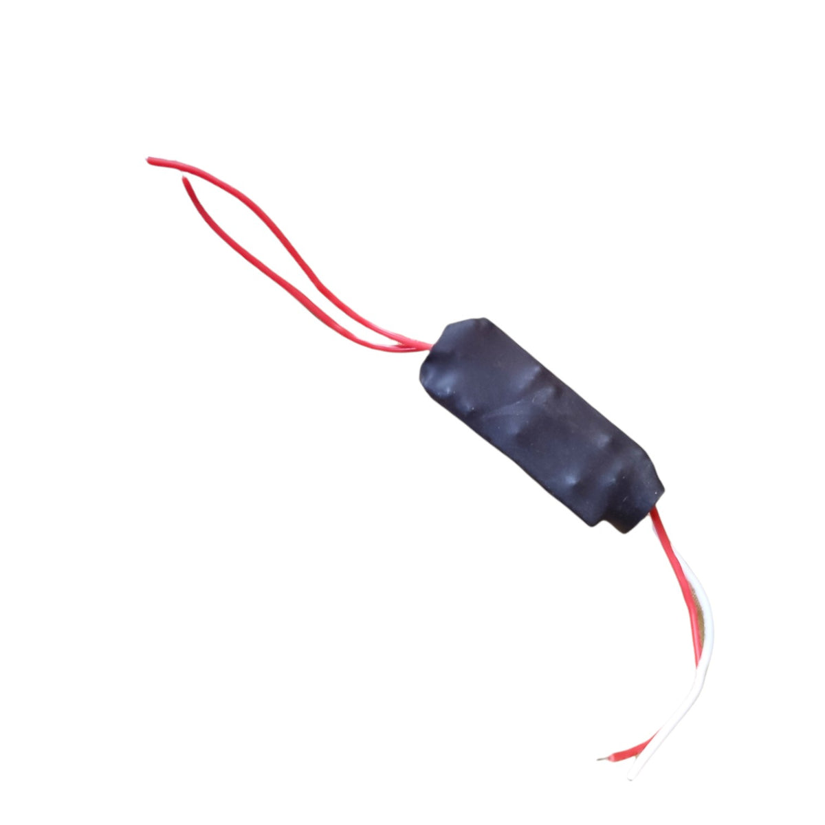 A small black rectangular electronic component with two red wires extending from it, shown on a plain white background.