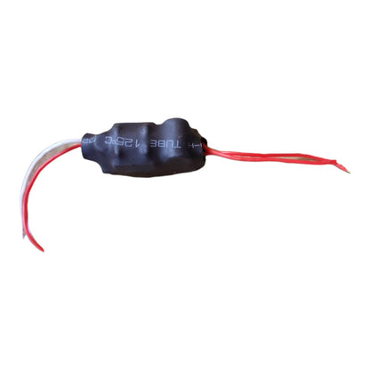 A small black electronic component with two red wires and one white wire, shown on a plain white background.