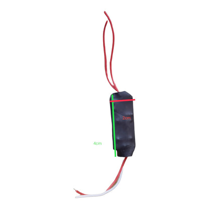 A small black rectangular electronic component with red and white wires extending from the top and bottom, shown on a plain white background with red and green dimension markings reading 2cm and 4cm.