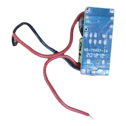 A small electronic component with a blue printed circuit board and two attached wires, one red and one black, on a plain white background.
