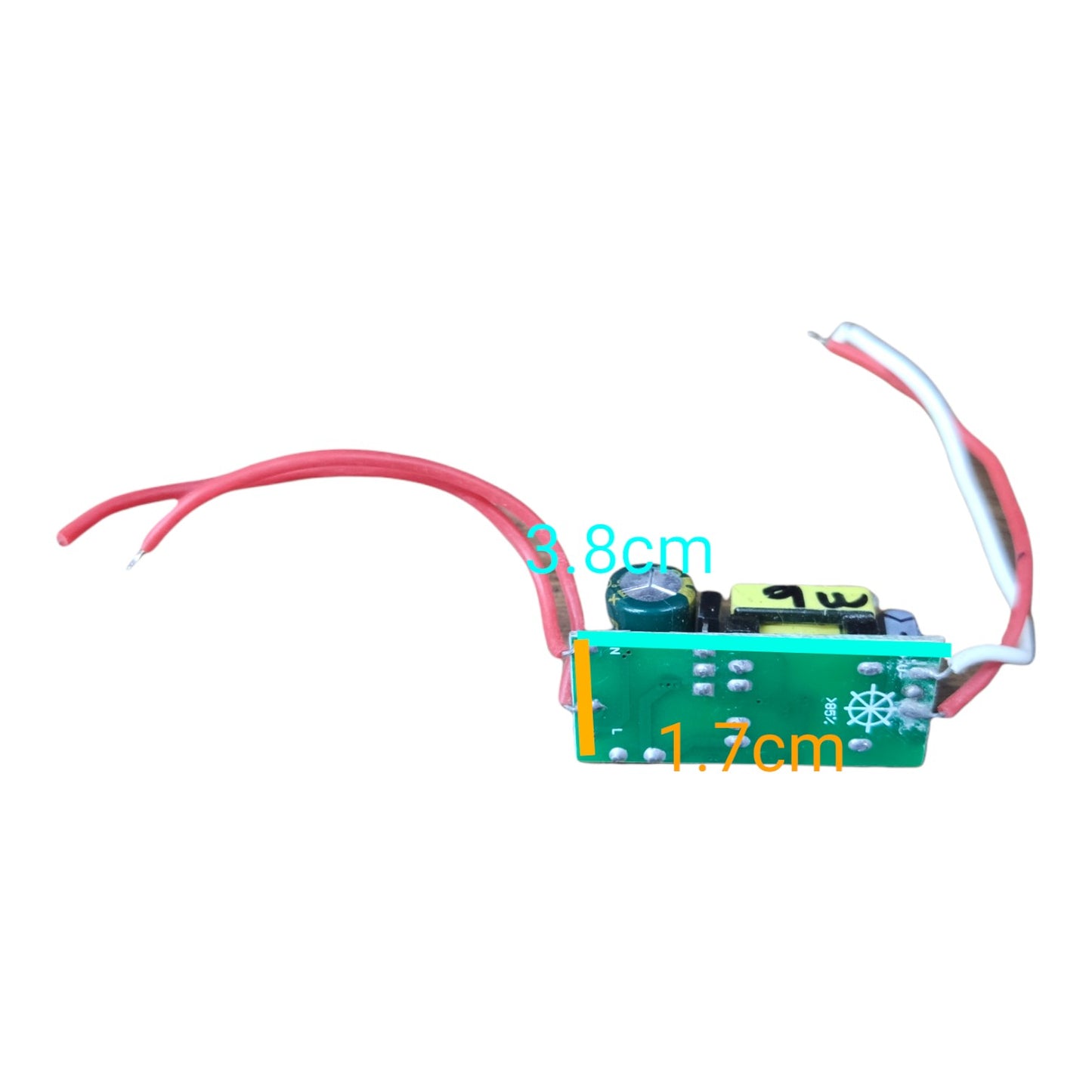 A small green electronic circuit board module with red and white wires, shown on a plain white background with overlaid dimension labels reading 3.8cm and 1.