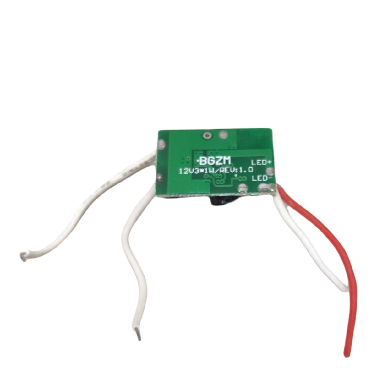 A small green electronic circuit board module with white and red wires, labeled '86ZM LED+ 12V3W/1A/REV1.0 LED-', on a plain white background.