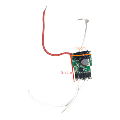 A small electronic circuit board module with red and white wires, shown on a plain white background with red and orange dimension labels reading 1.8cm and 2.