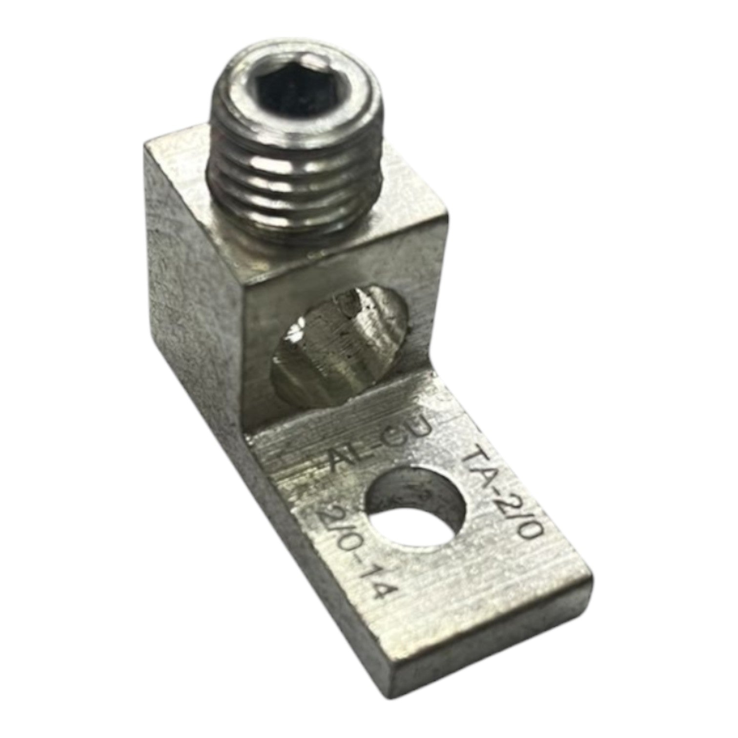Metal electrical connector with threaded end on a white background