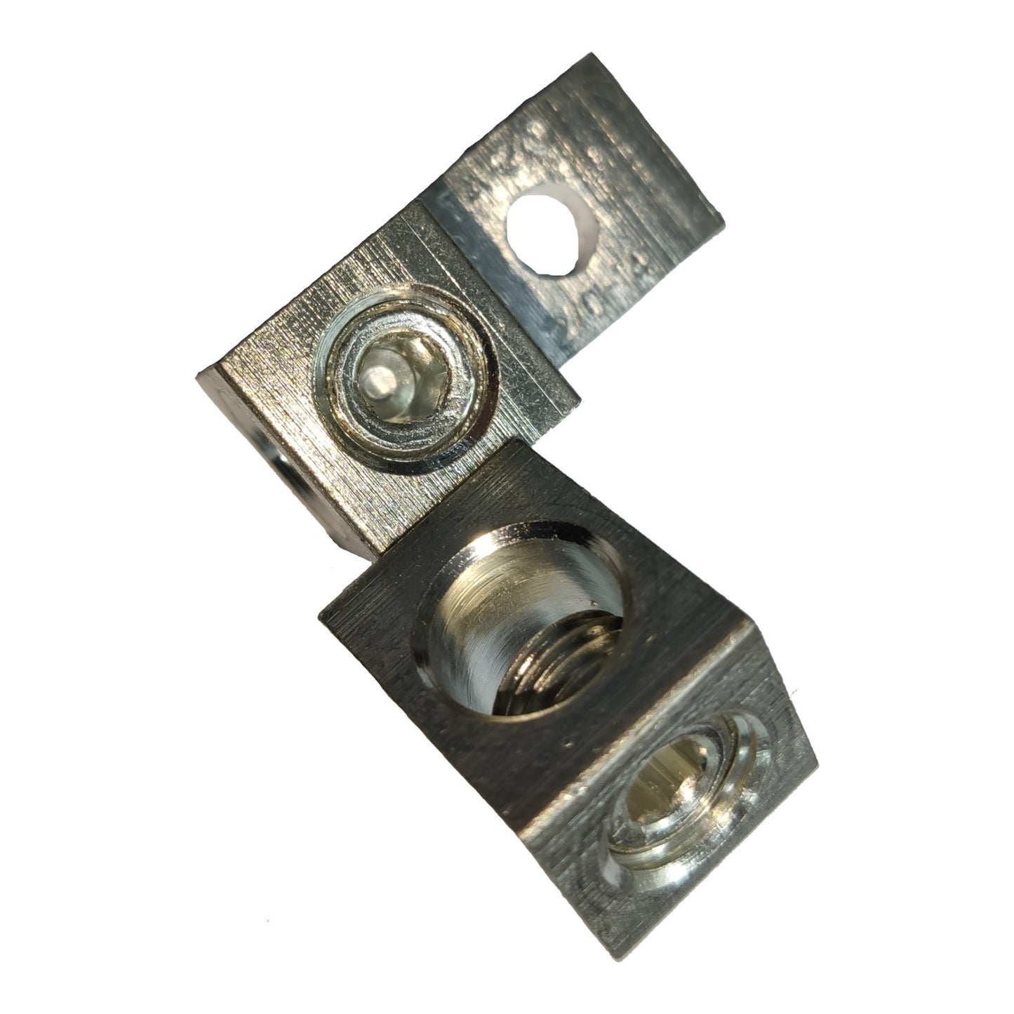 Two metallic square connectors with circular slots on a white background