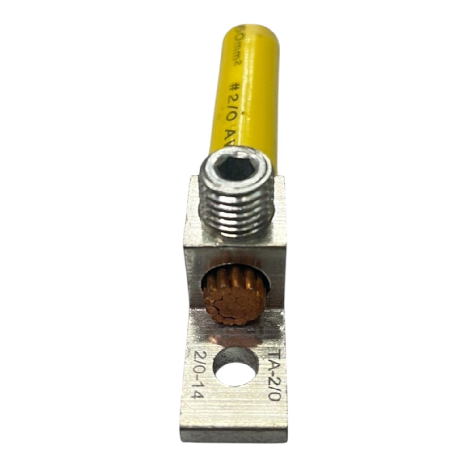 Metal electrical connector with yellow cylindrical part on a white background