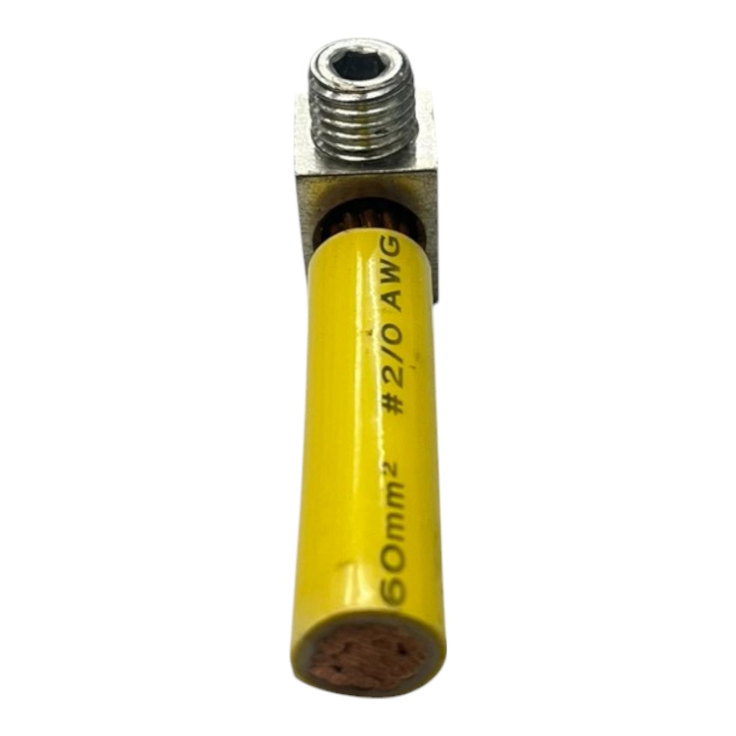 Yellow electrical connector with metallic fitting on a white background