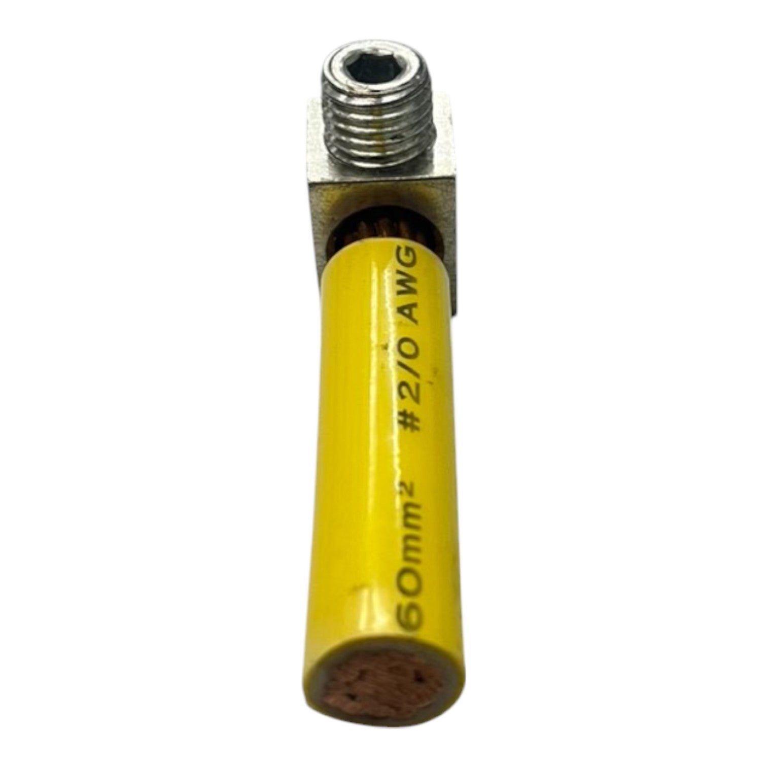 Yellow electrical connector with metallic fitting on a white background