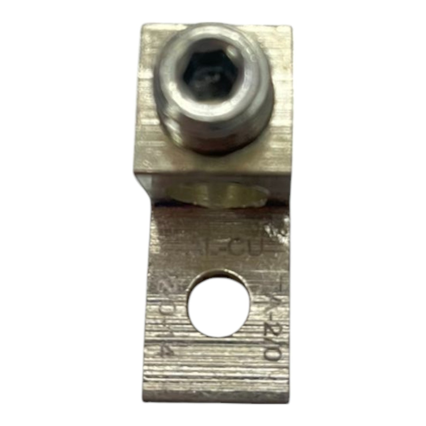 Metal component with threaded hole and square block on a white background