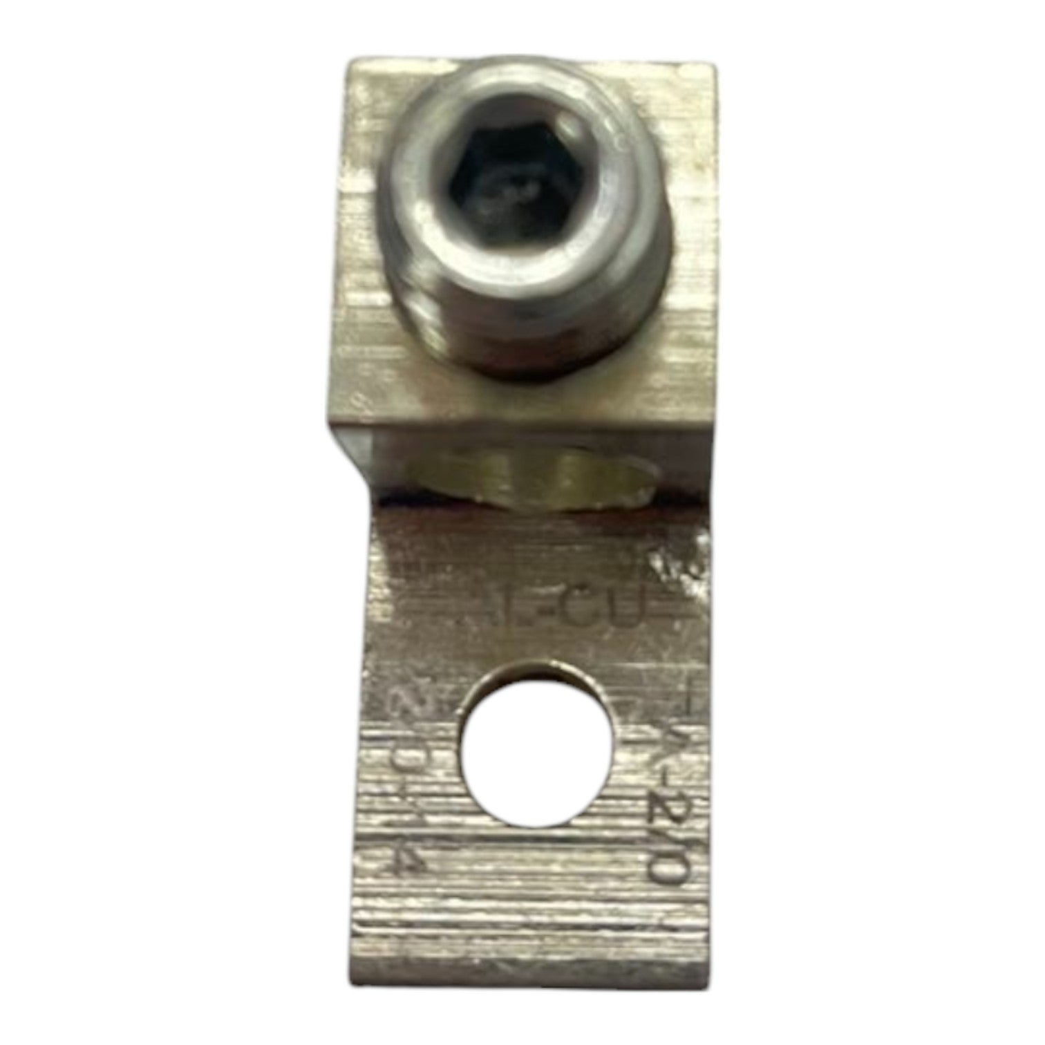 Metal component with threaded hole and square block on a white background