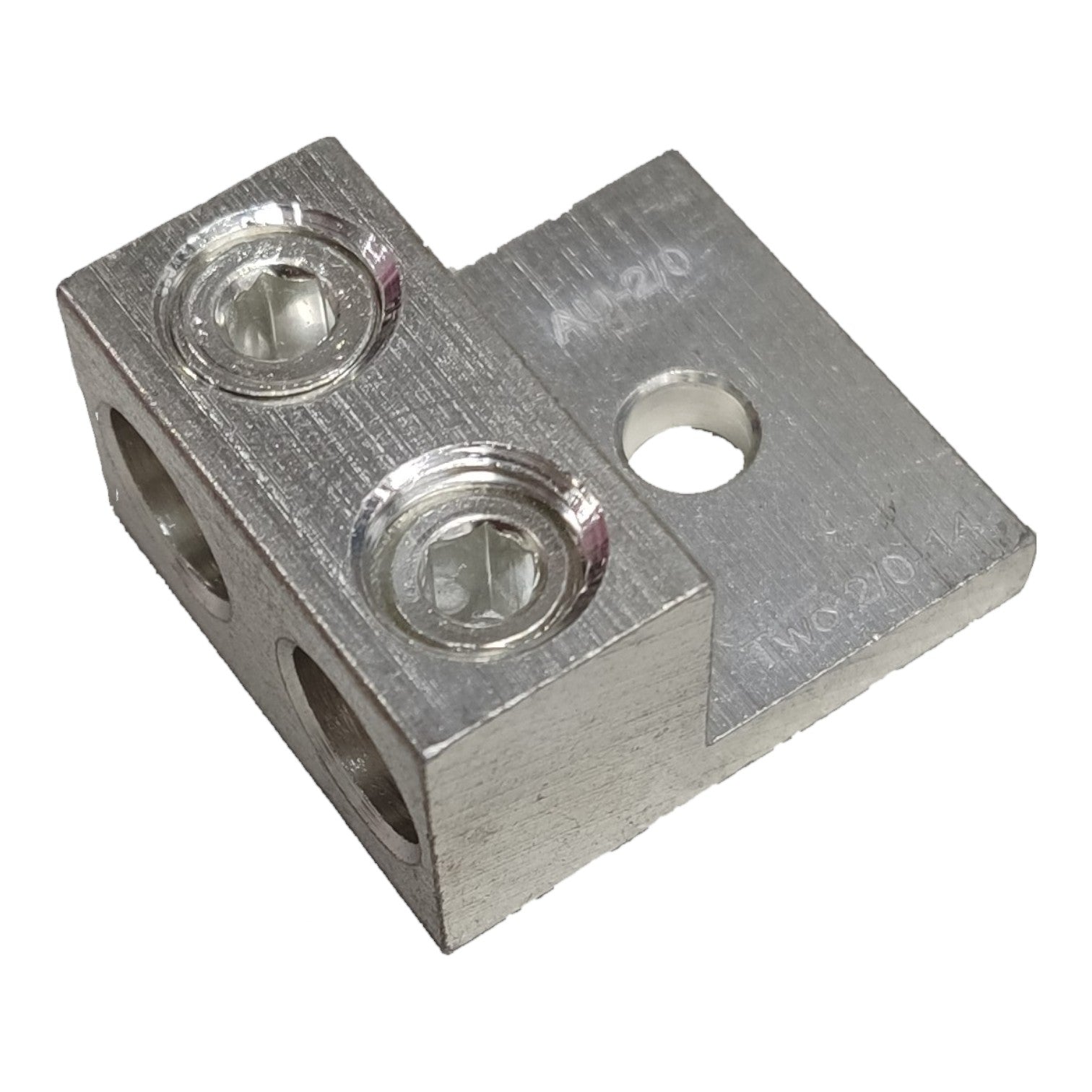 Metal block with multiple holes on a white background