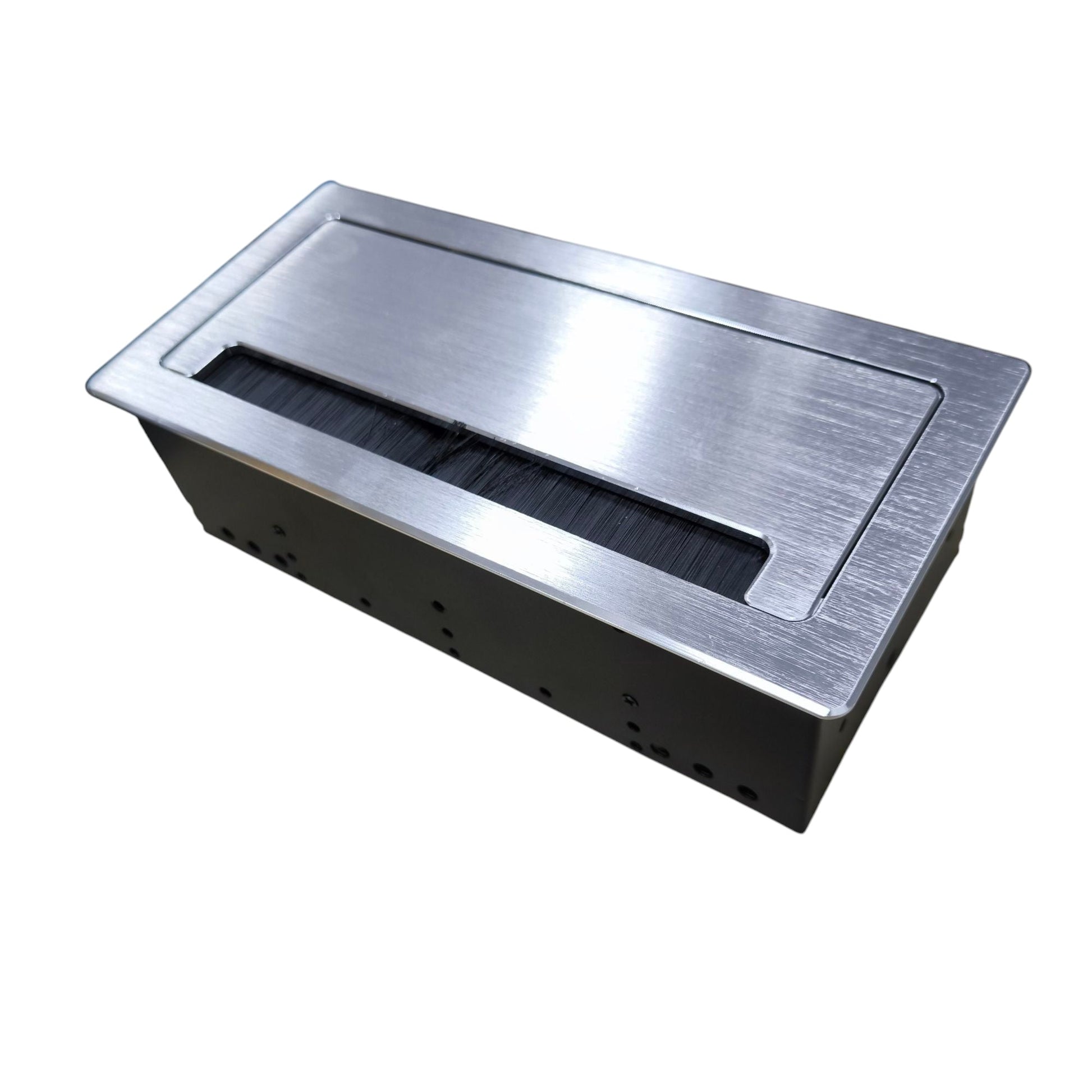 A rectangular stainless steel under-desk fire starter with a brushed metal top and black base, shown on a plain white background.