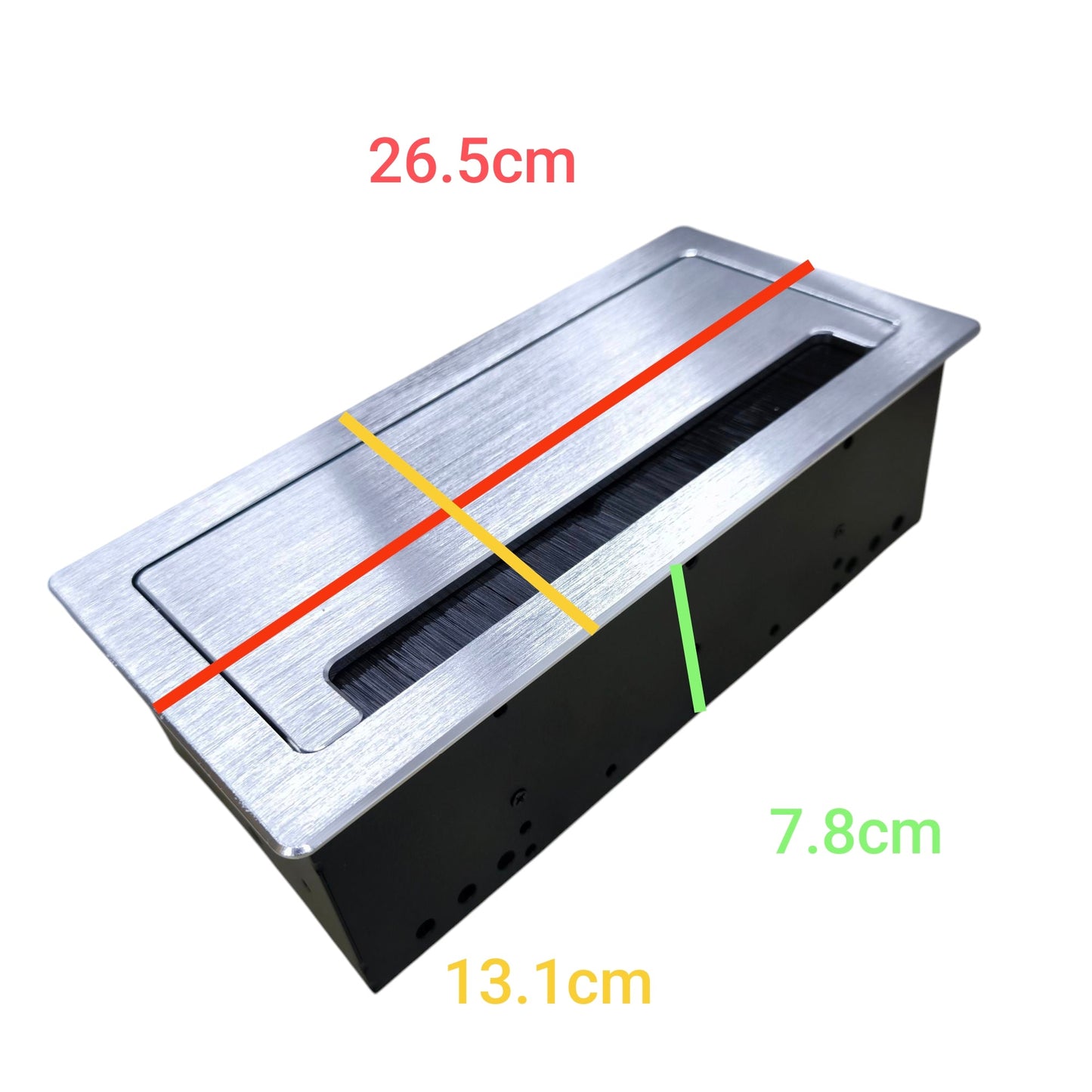 A rectangular metal cable management tray or slot insert shown on a white background with overlaid dimension labels: 26.5cm, 7.