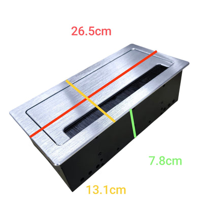 A rectangular metal cable management tray or slot insert shown on a white background with overlaid dimension labels: 26.5cm, 7.