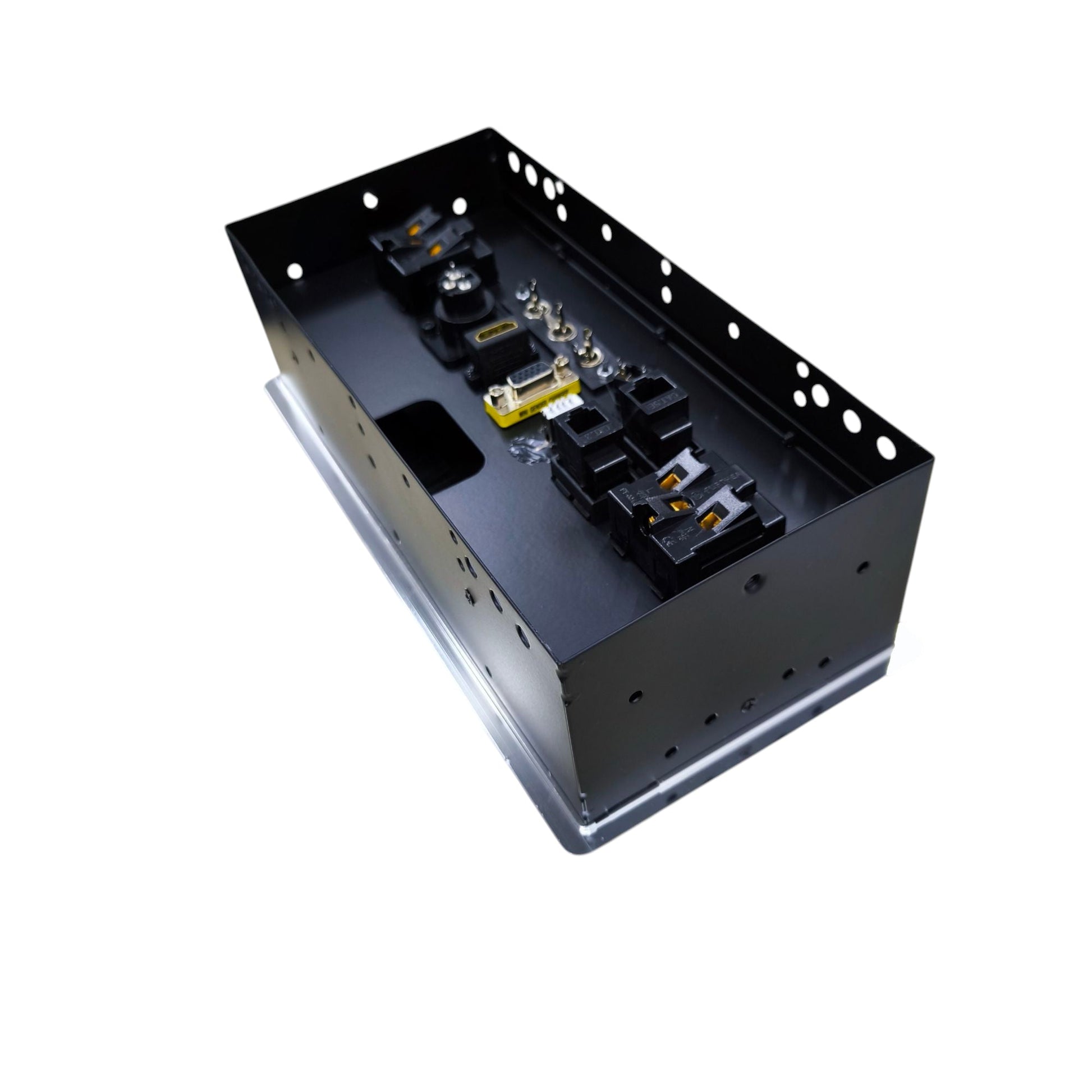 A black metal electrical junction box with terminal blocks and a silver metal base plate, shown on a plain white background.