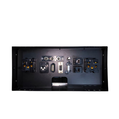 The back panel of a black electronic display or control unit, showing various ports, connectors, and terminal blocks on a solid white background.