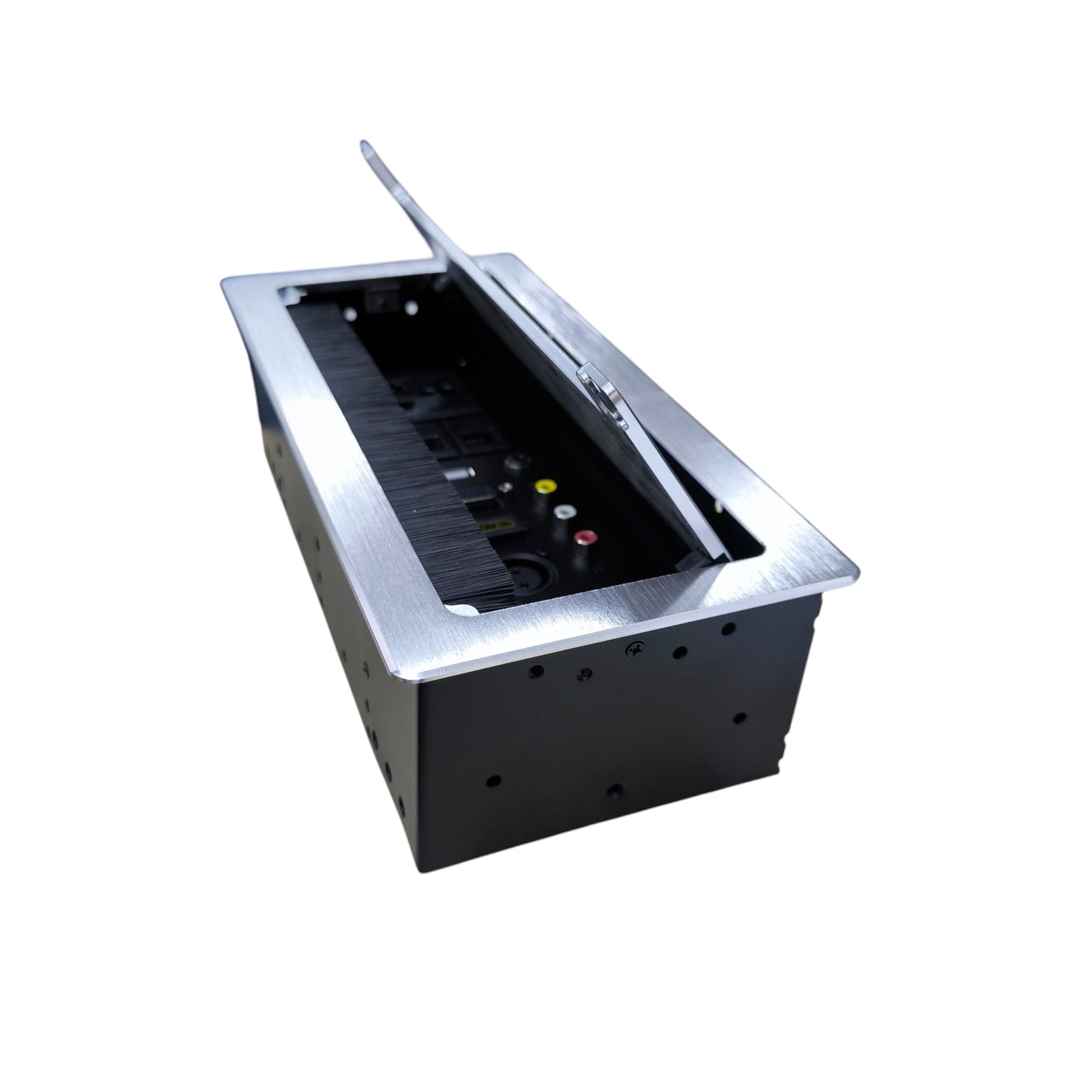 A rectangular electronic device with a brushed silver metal top lid that is open, revealing a black interior with small colored indicator lights, set against a plain white background.