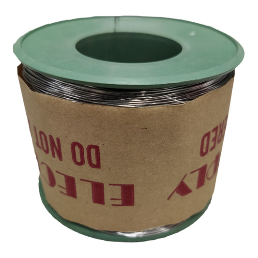 A spool of silver-colored wire wrapped around a brown cardboard core with a mint green plastic top and bottom, isolated on a white background.