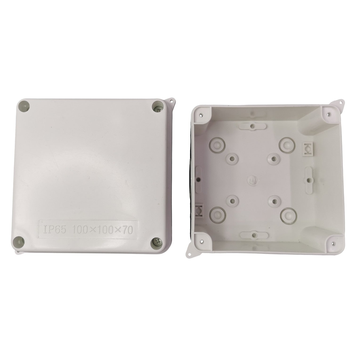Two white plastic enclosures on a white background