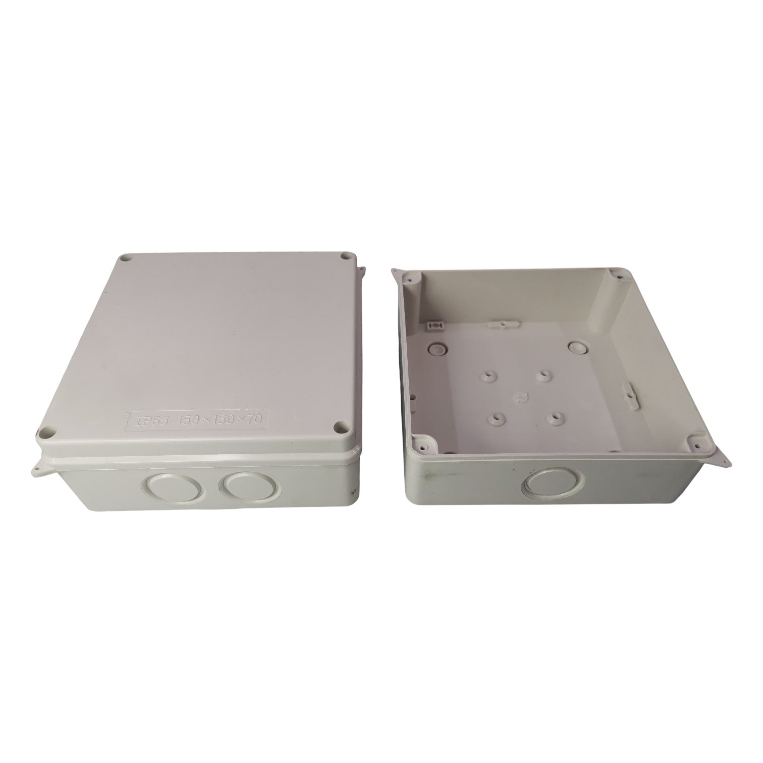Two gray plastic boxes on a white background