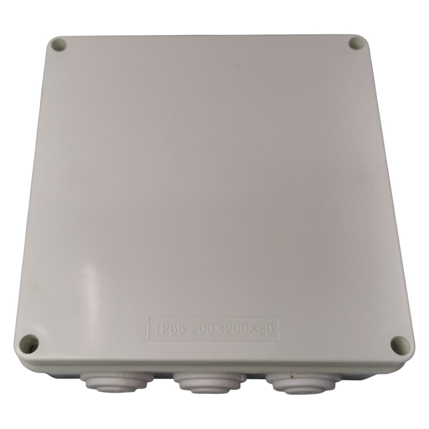 Gray rectangular plastic enclosure with four mounting holes on a white background