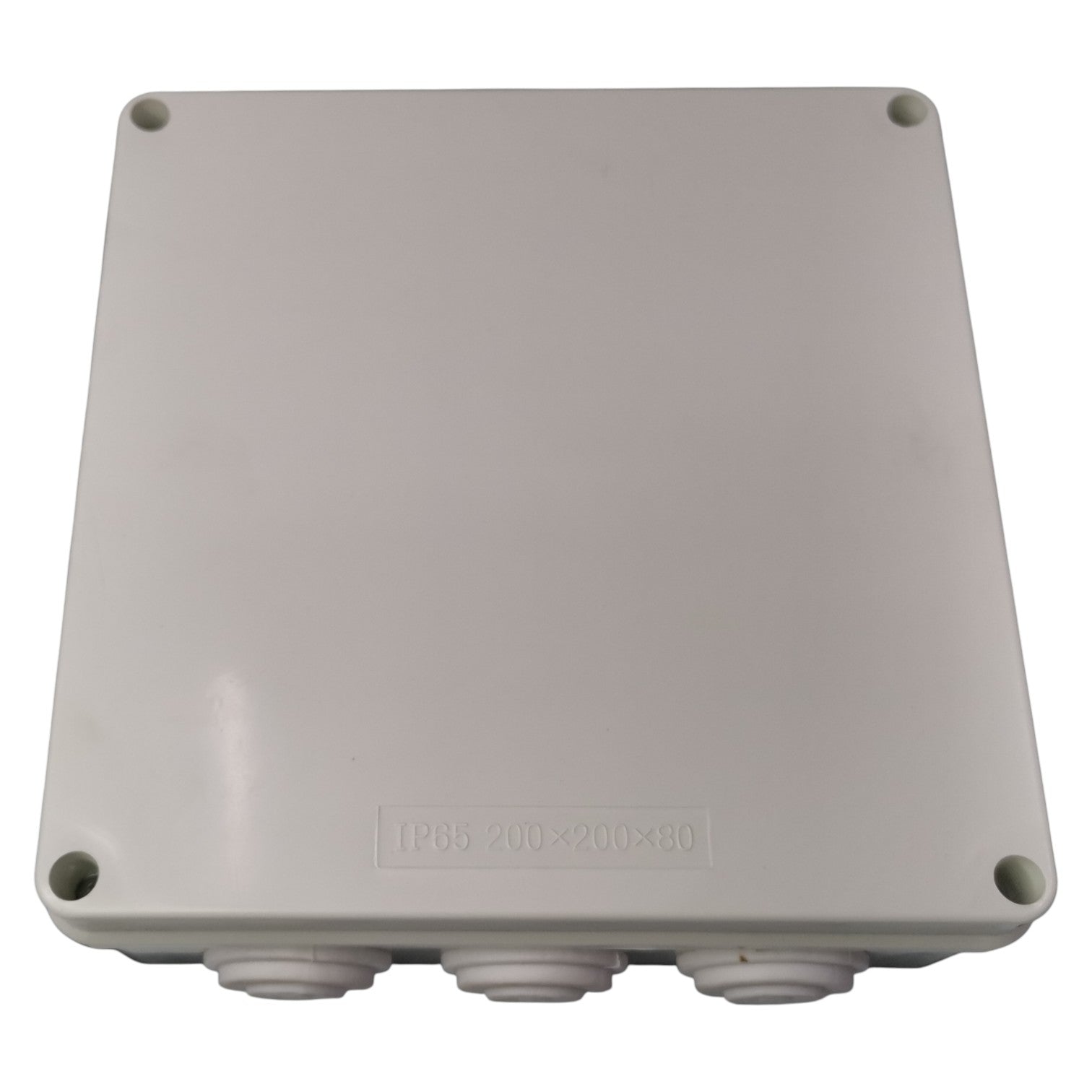 Gray rectangular plastic enclosure with four mounting holes on a white background