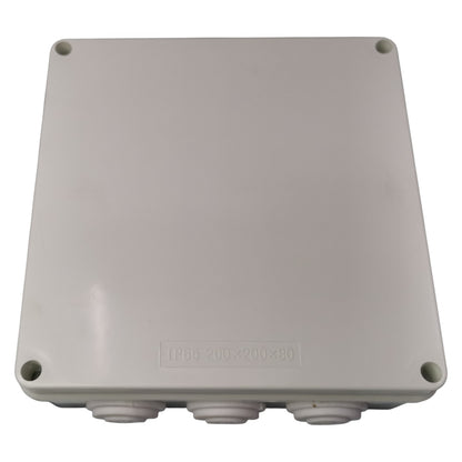 Gray rectangular plastic enclosure with four mounting holes on a white background
