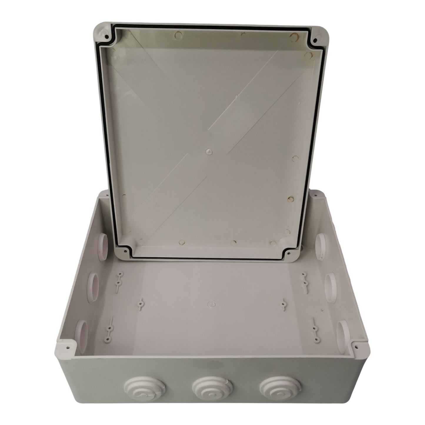 Gray plastic junction box with a cover on a white background
