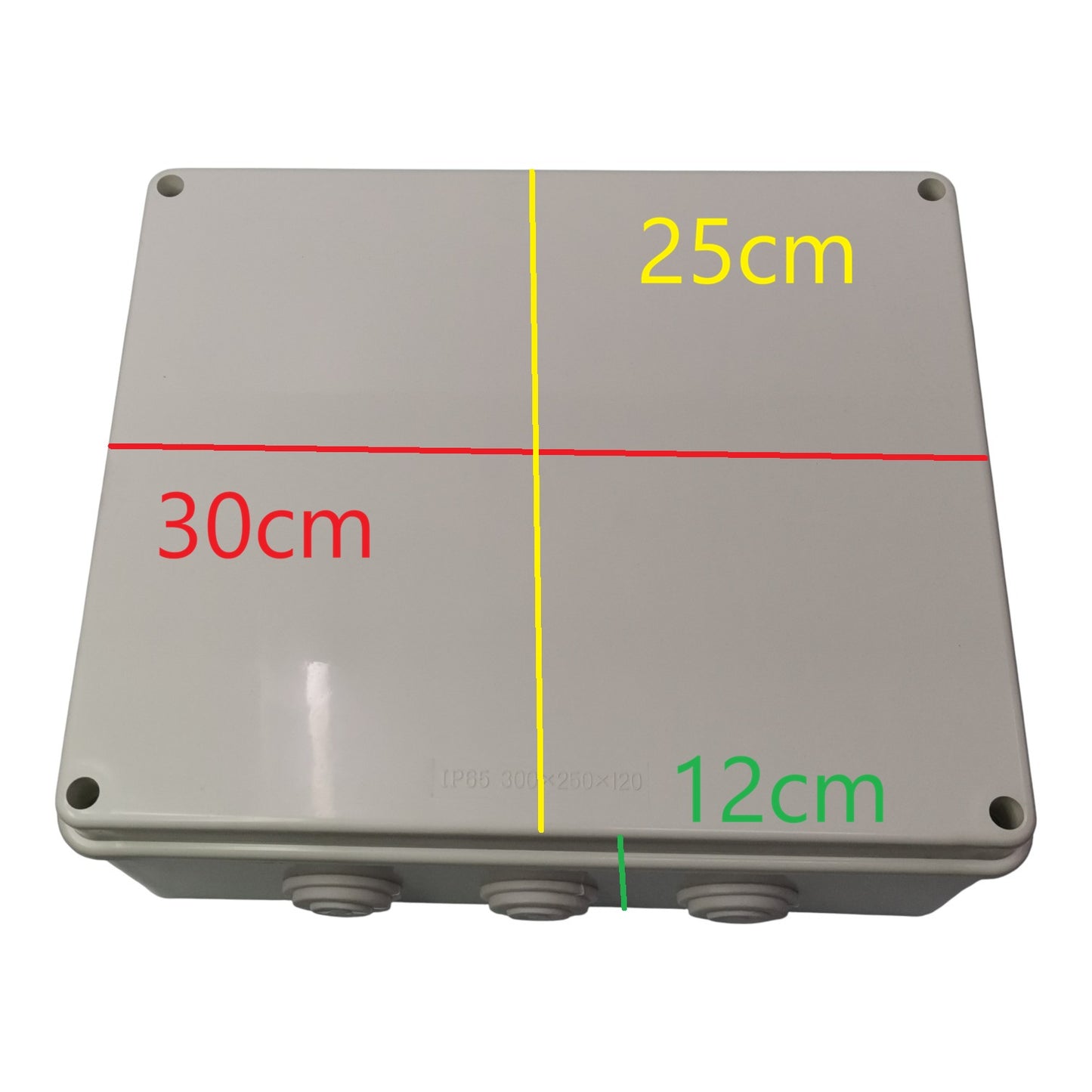 Gray rectangular box with measurements marked on a white background