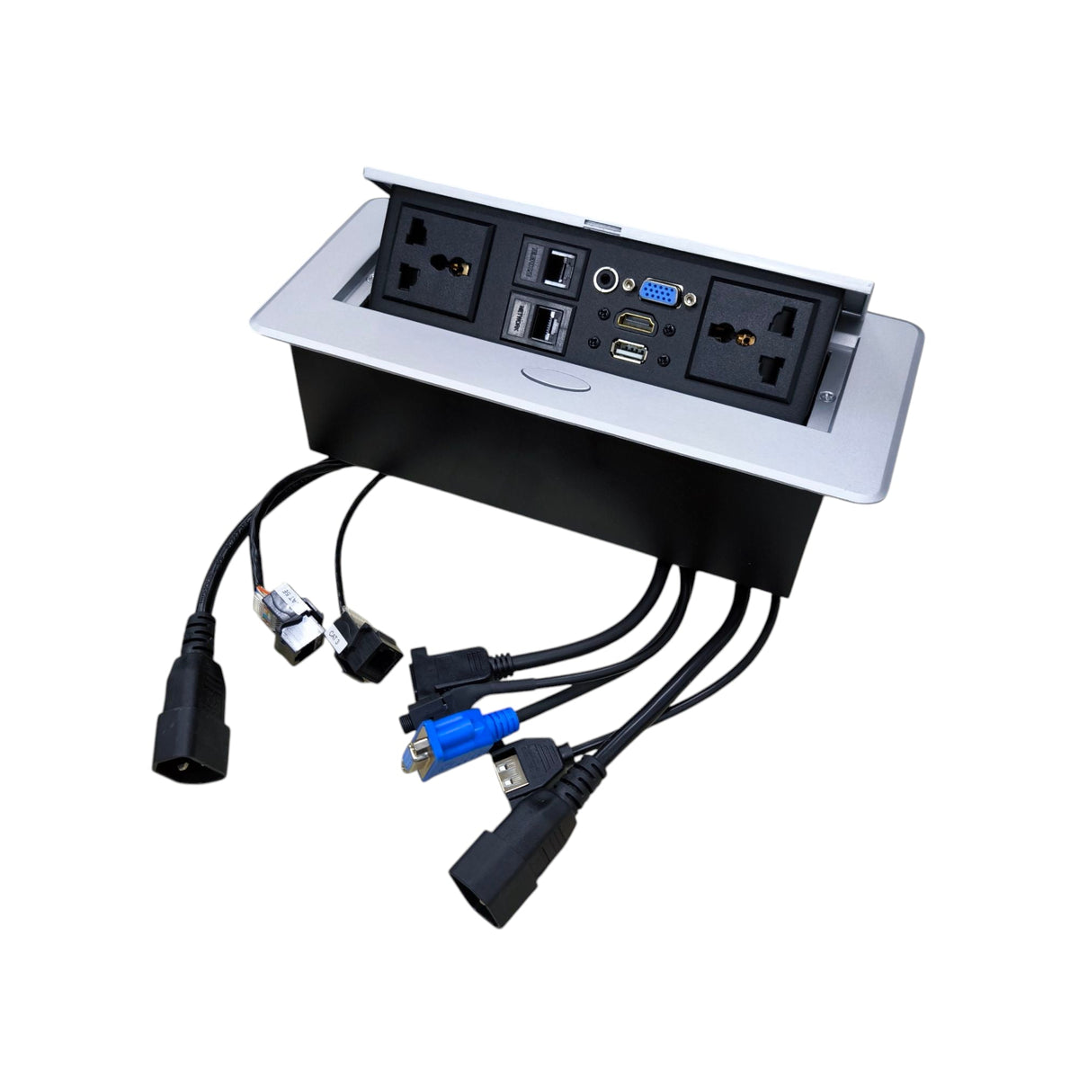 A black and silver under-desk power strip with multiple outlets, USB ports, and VGA output, shown with attached cables on a white background.