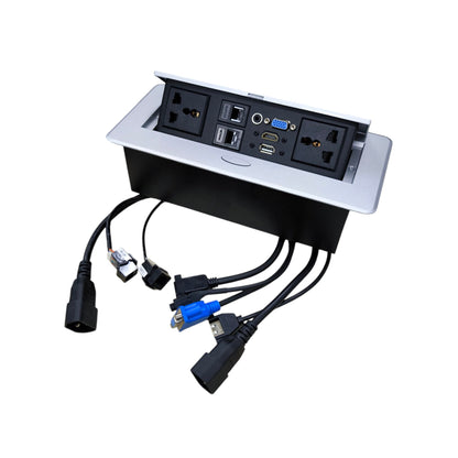 A black and silver under-desk power strip with multiple outlets, USB ports, and VGA output, shown with attached cables on a white background.