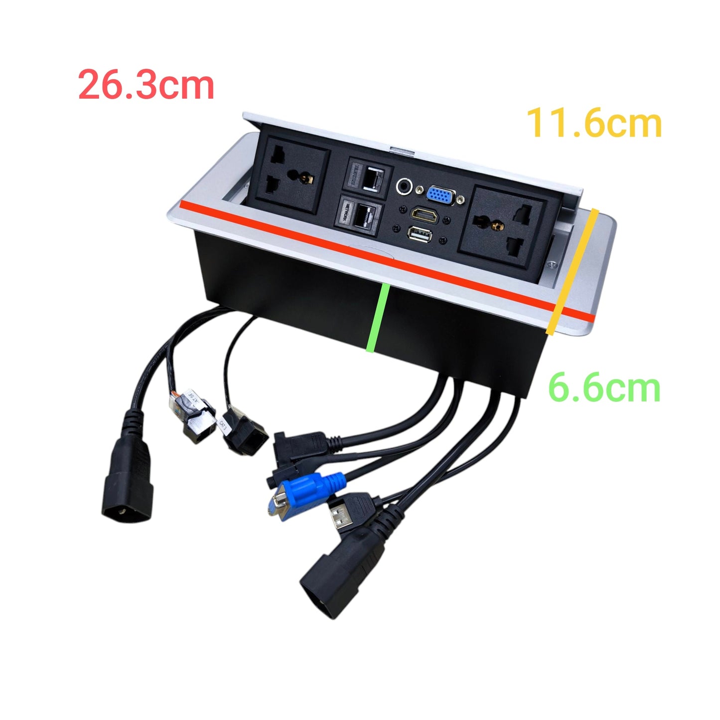 A pop-up power strip with multiple electrical outlets, USB ports, VGA, and HDMI connectors, shown with overlaid dimension labels in red, yellow, and green on a white background.