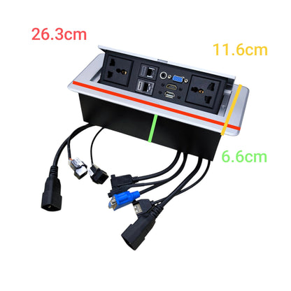 A pop-up power strip with multiple electrical outlets, USB ports, VGA, and HDMI connectors, shown with overlaid dimension labels in red, yellow, and green on a white background.