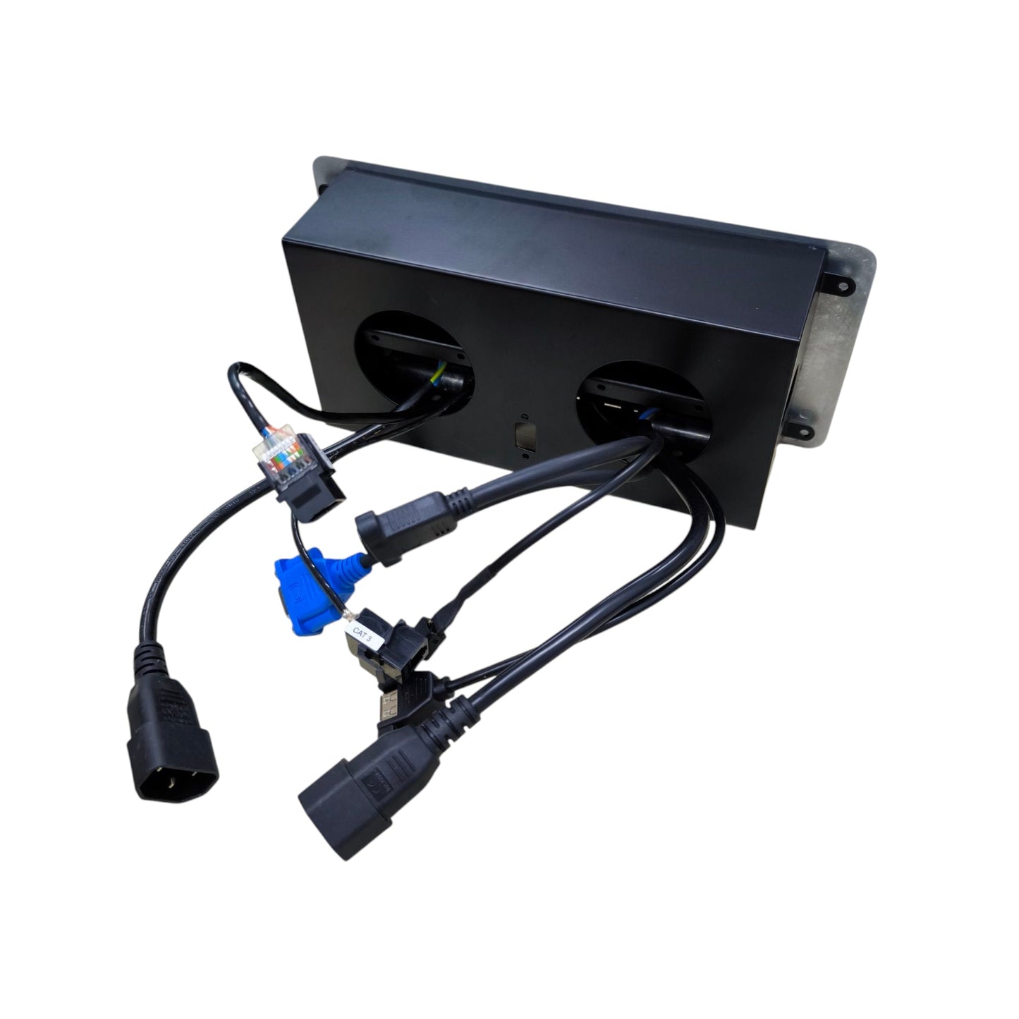 A black rectangular electronic module with two circular ports on the back, attached to several black cables and connectors, including one blue connector, shown on a plain white background.