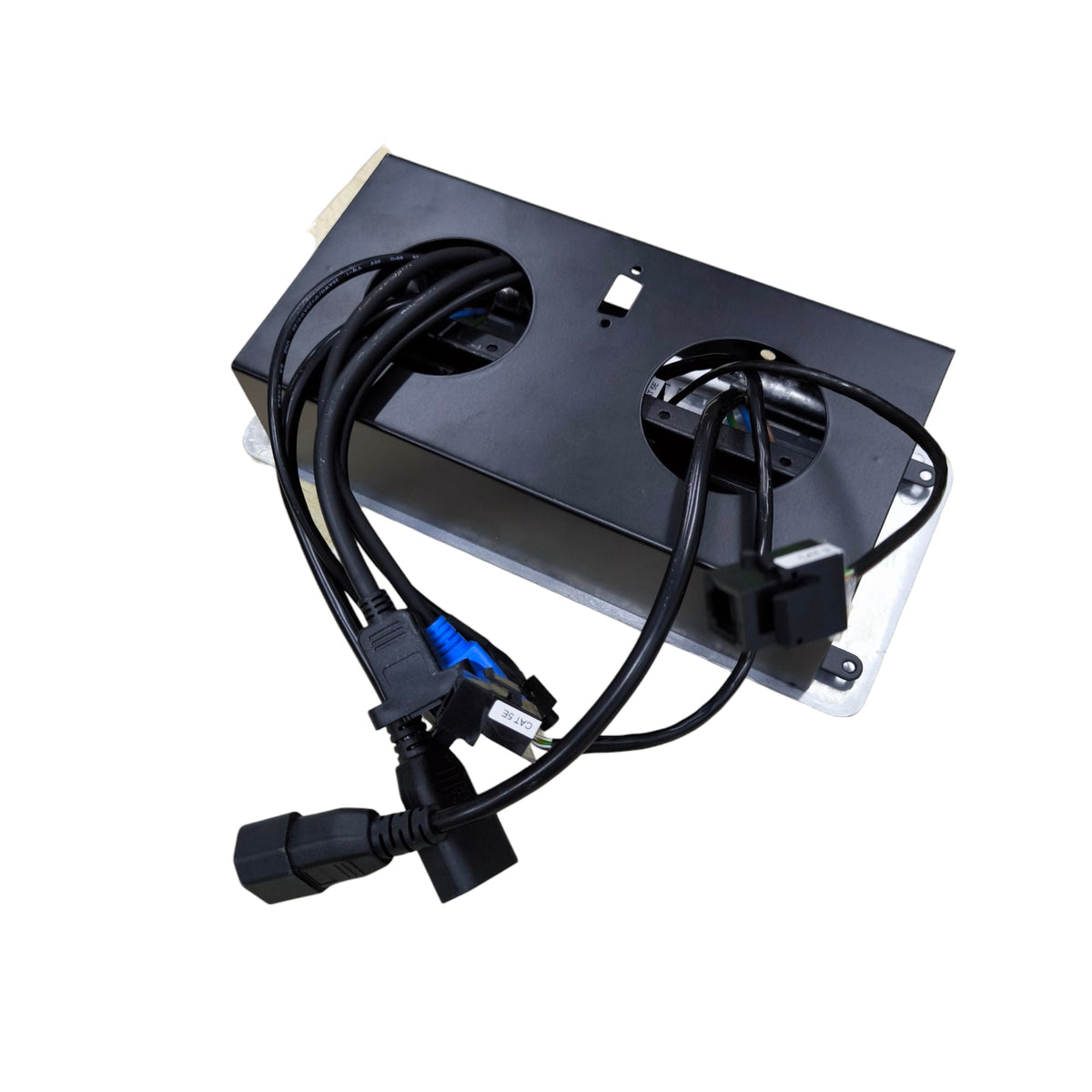 A black metal electrical power block with two circular cutouts, featuring attached black cables, blue connector details, and a three-prong power plug, shown on a plain white background.