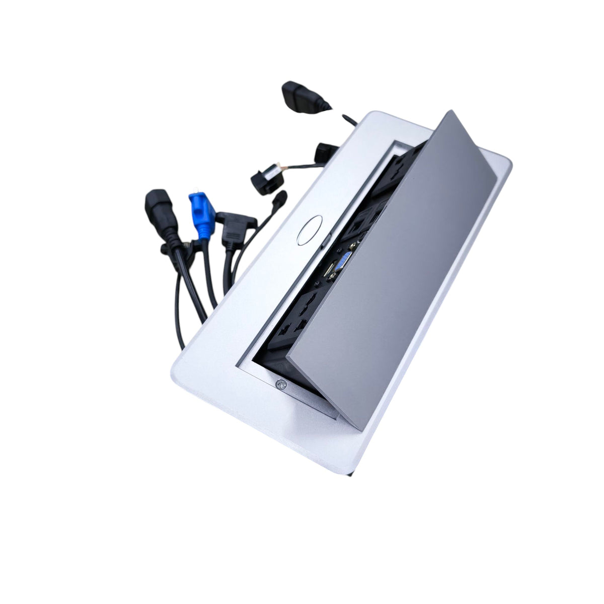 A white and gray pop-up cable management tray with several attached black and blue cables, shown on a plain white background.