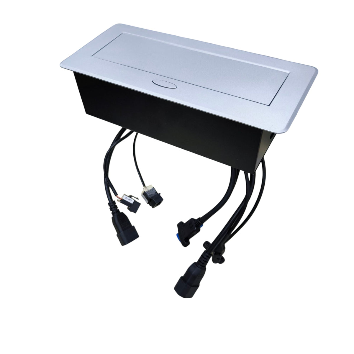 A black and silver pop-up marine electrical outlet box with multiple black power and signal cables and connectors, shown on a plain white background.