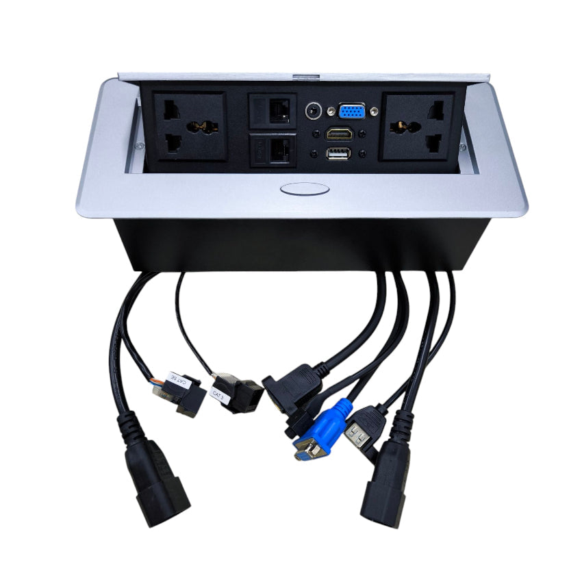 A black and silver under-desk power strip with multiple outlets and attached black VGA, DVI, and USB cables, shown against a plain white background.