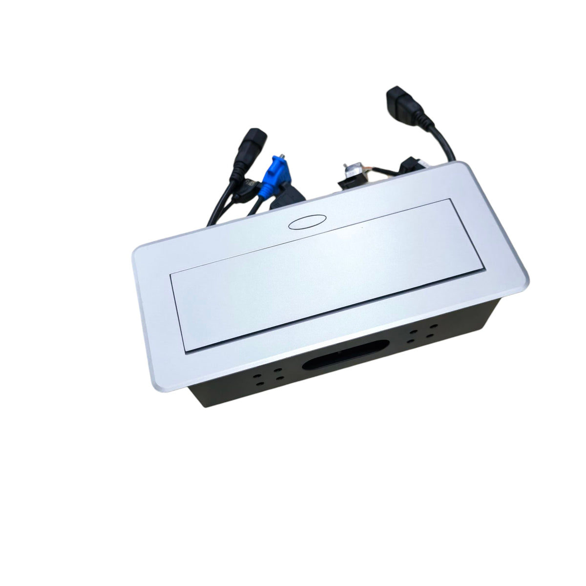 A rectangular electronic control box with a brushed silver top plate and a black base, shown on a plain white background. Several black cables with connectors extend from the top, including one with a blue connector.