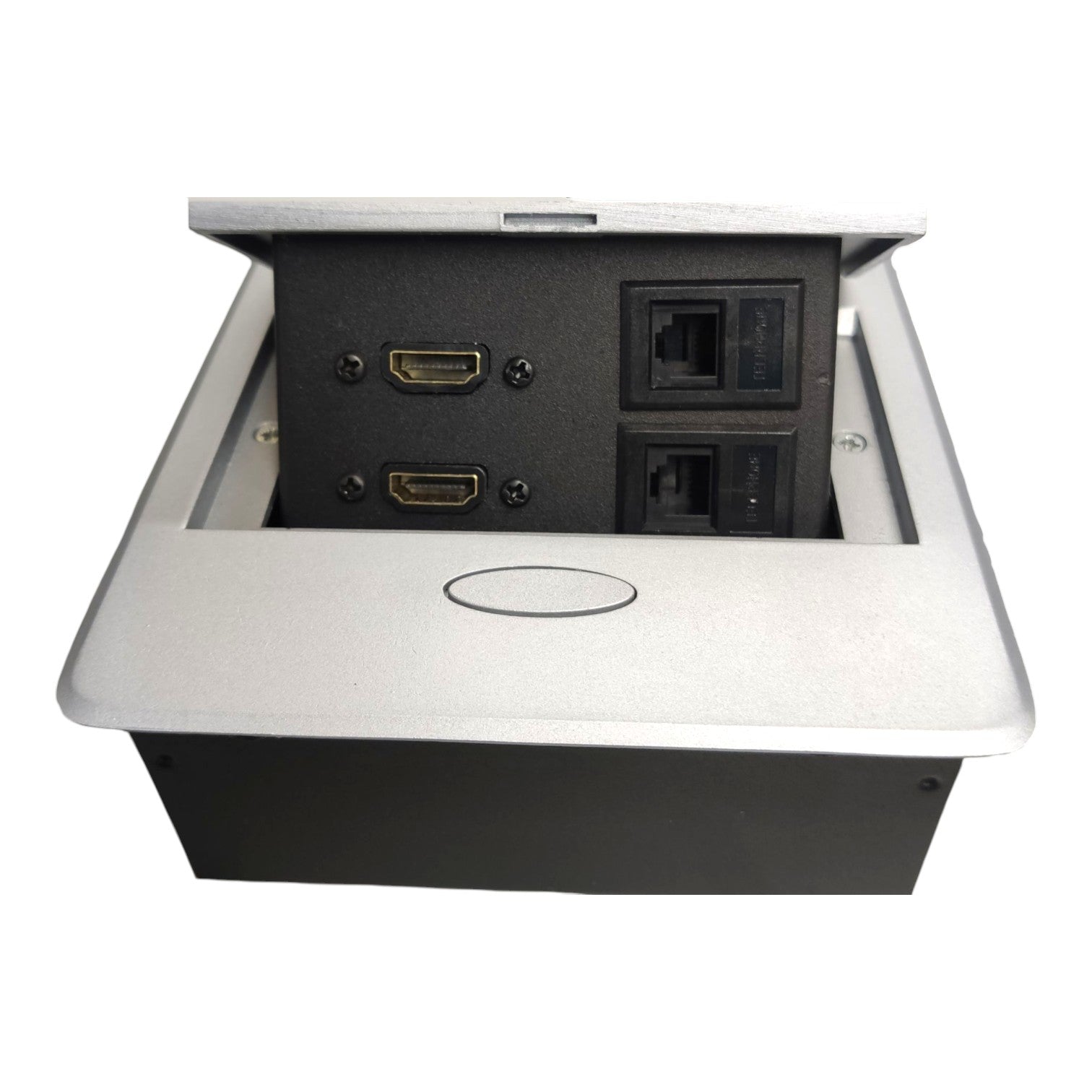 A pop-up under-desk power outlet box with a silver metallic outer frame and a black interior showing HDMI ports and power sockets, isolated on a white background.