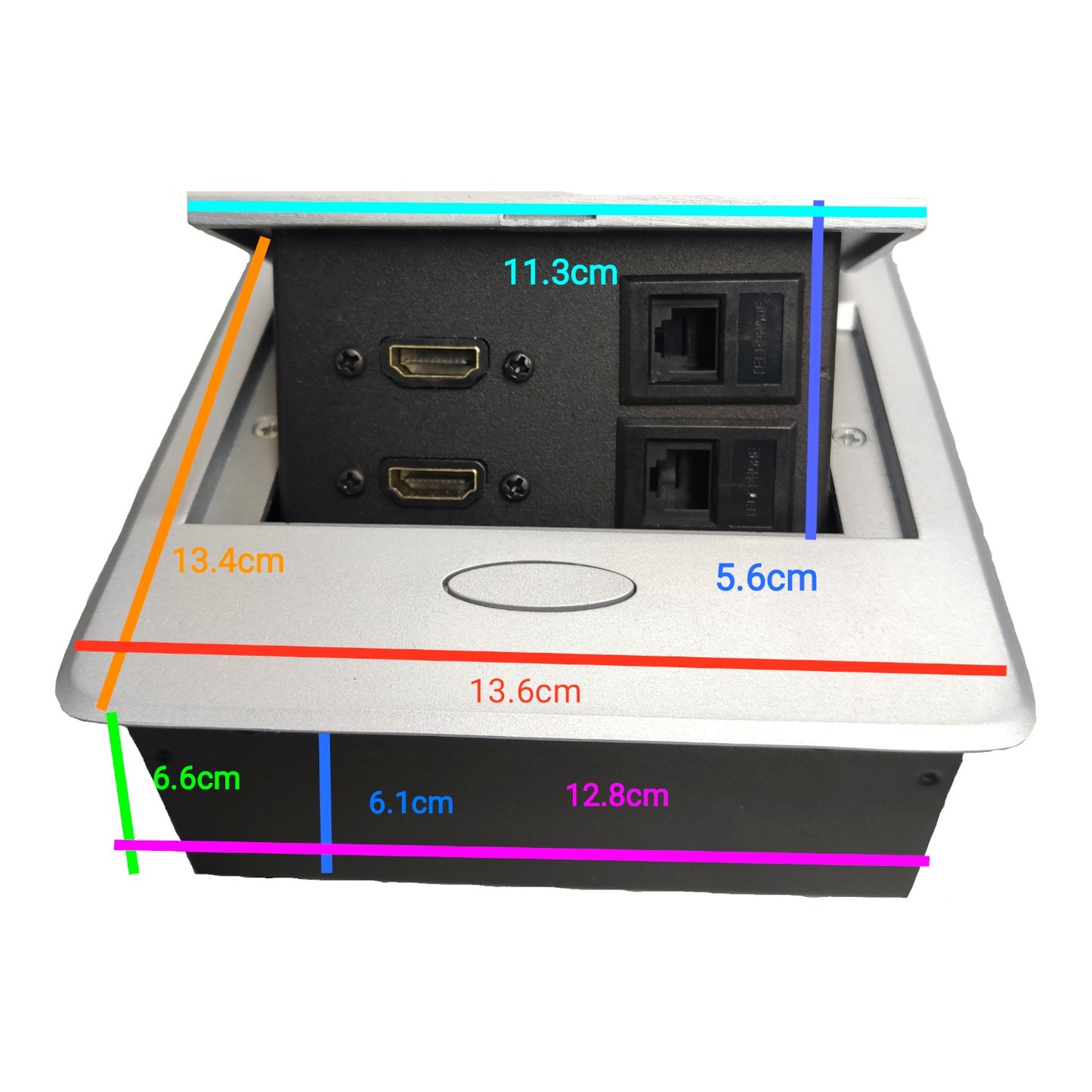 An open pop-up power outlet panel with multiple ports and overlaid dimension lines and measurements on a white background.