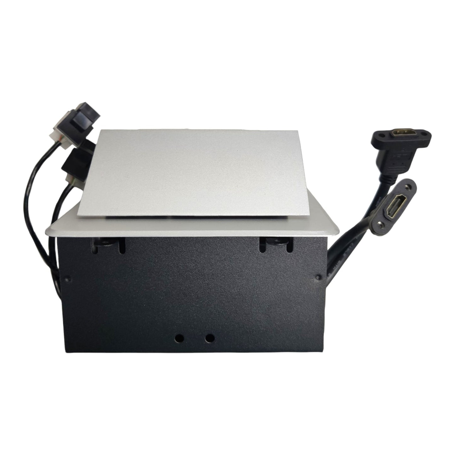 A black metal electronic control box with a silver top cover, featuring attached black cables with various connectors on both sides, shown against a plain white background.