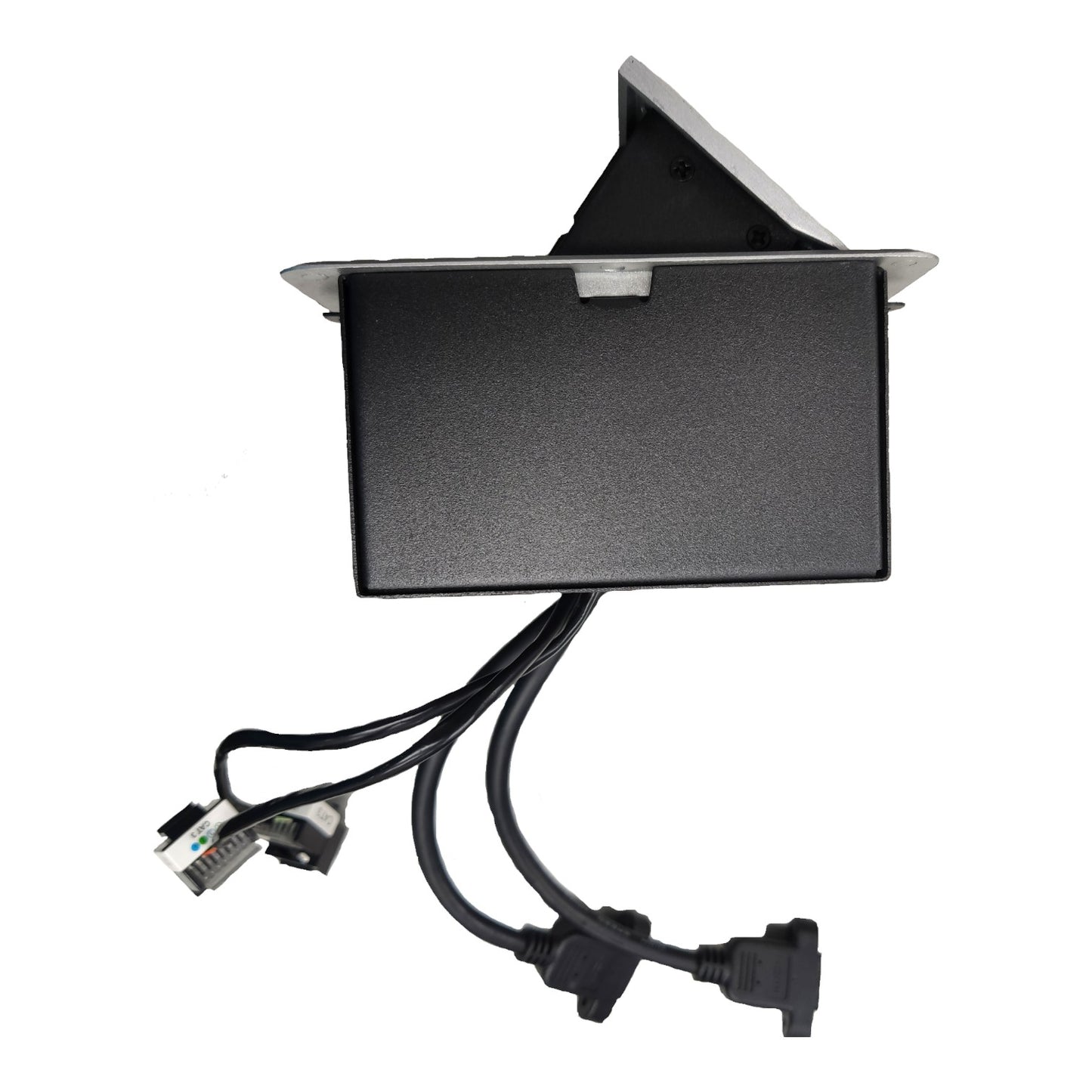 A black rectangular electronic control module with a triangular top cover, shown on a plain white background. Two black cables extend from the bottom with various electrical connectors.