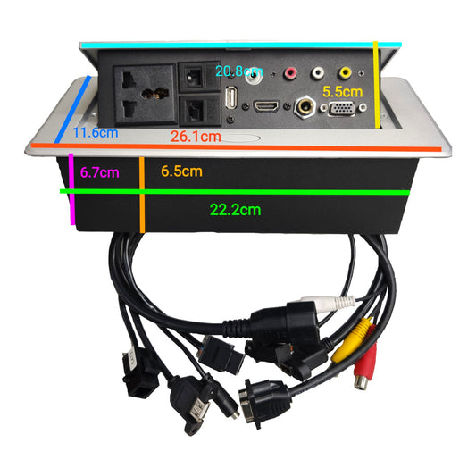Black under-seat power adapter with built-in outlets, audio/video ports, and attached cables, shown on a white background with colored dimension lines and measurements overlaid.