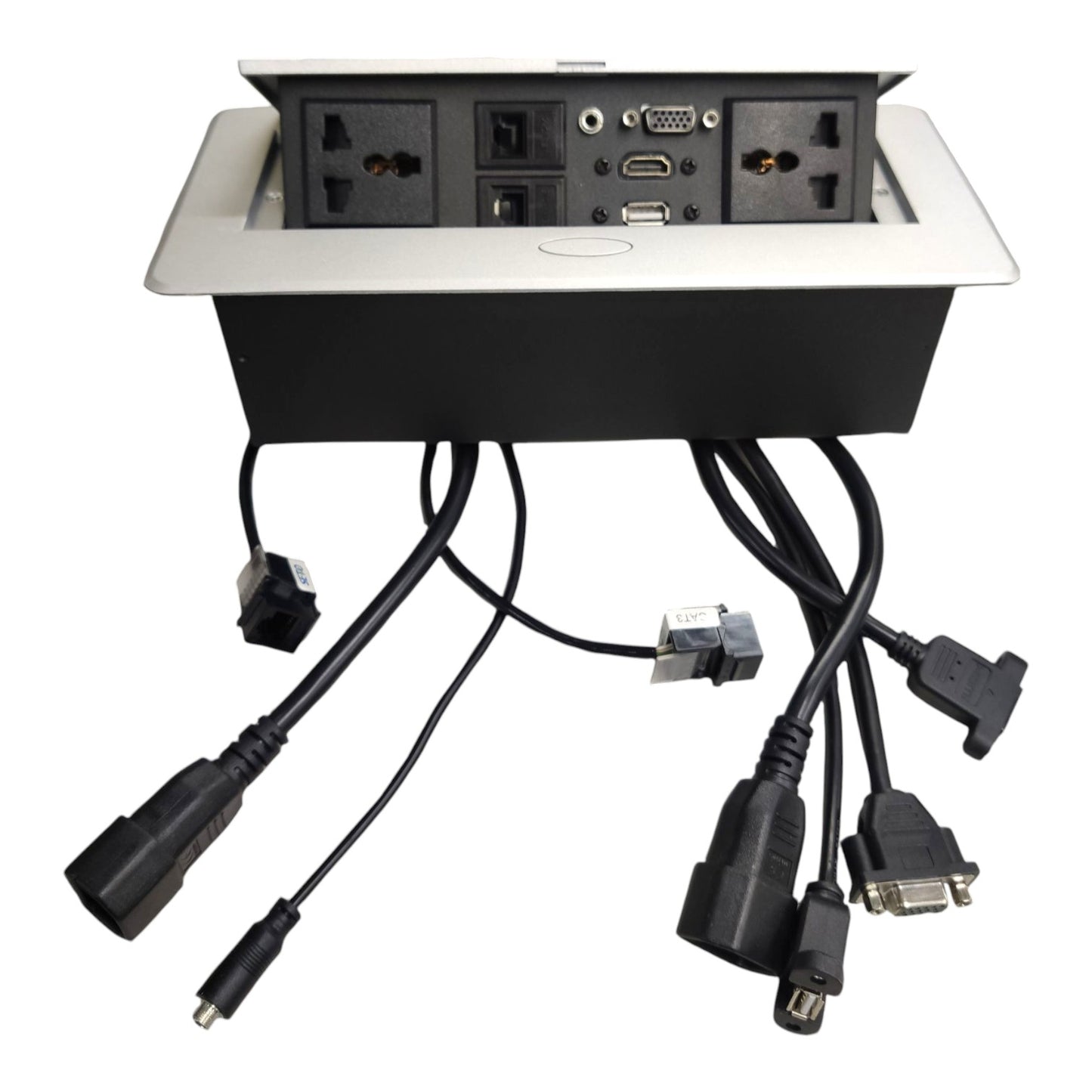 An under-desk power strip with a silver top panel and black base, shown with multiple black power cords and adapters extending downward on a white background.