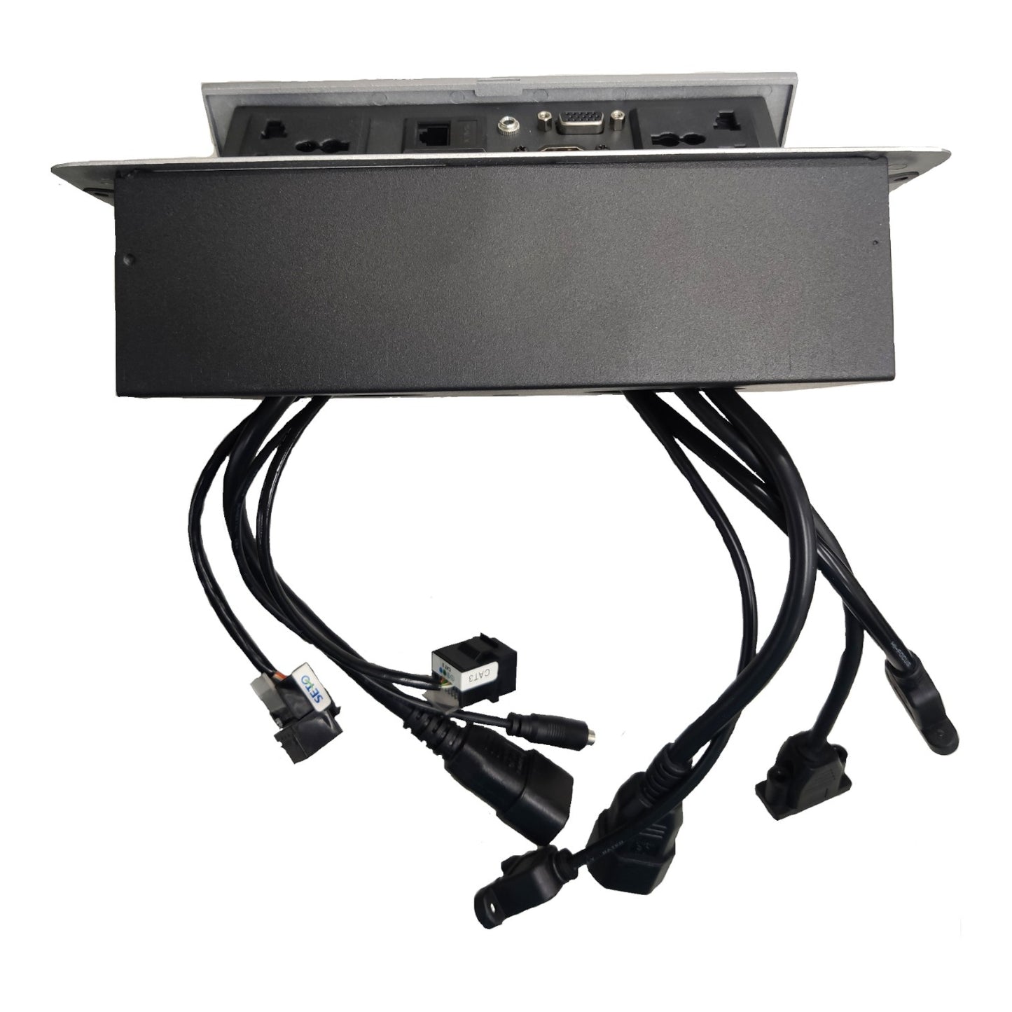 A black metal electrical power cable management box with multiple black power cords and connectors hanging below, shown against a plain white background.