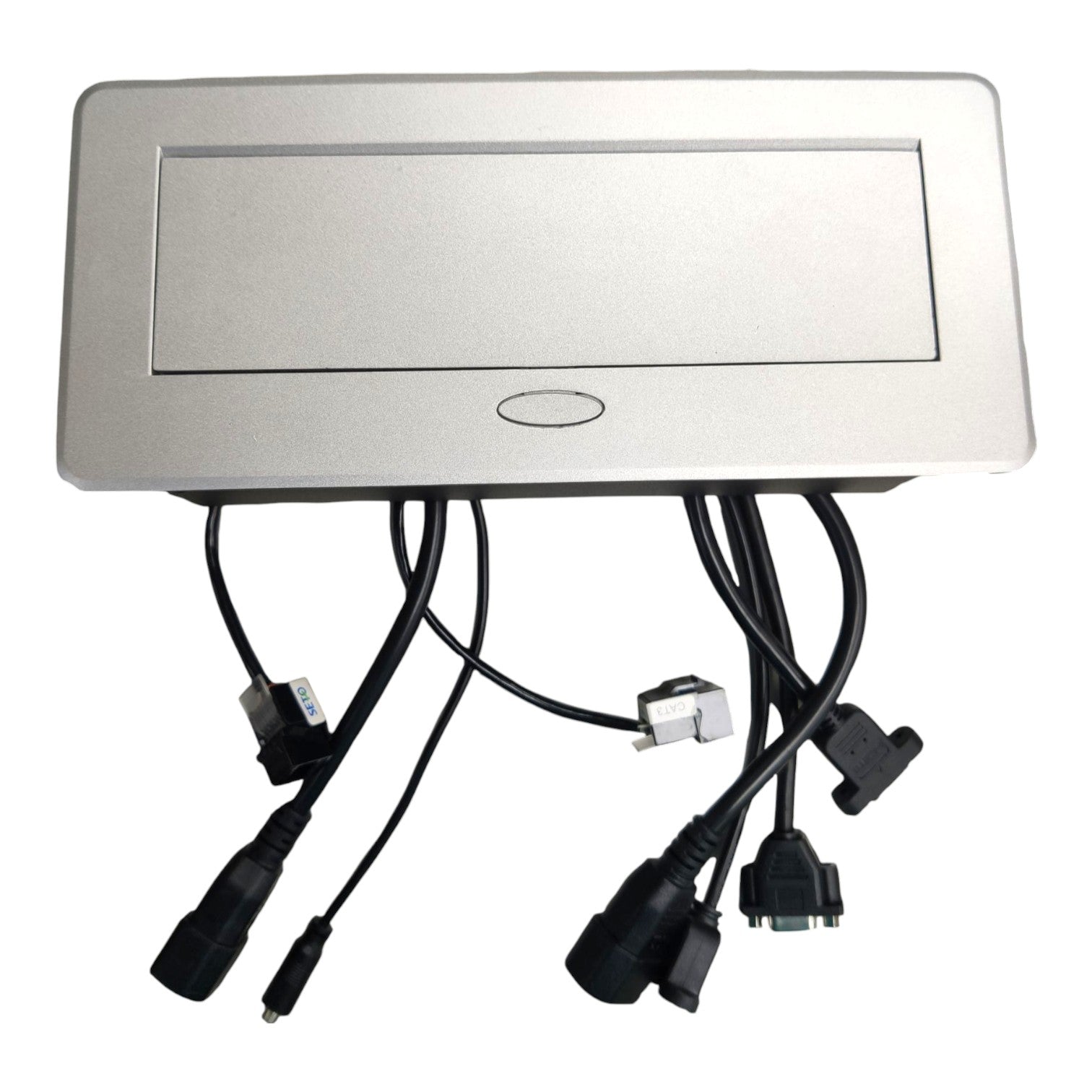 A silver rectangular electronic control panel with a recessed display area and multiple black power cables and connectors extending from the bottom, shown on a plain white background.